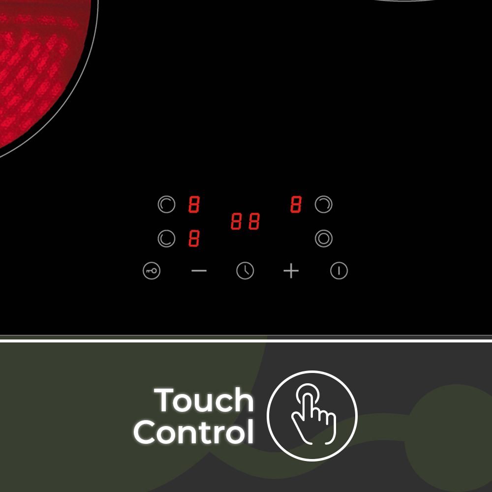 Czarna płyta indukcyjna z czerwonym wyświetlaczem cyfrowym. Panel dotykowy z ikoną dłoni.