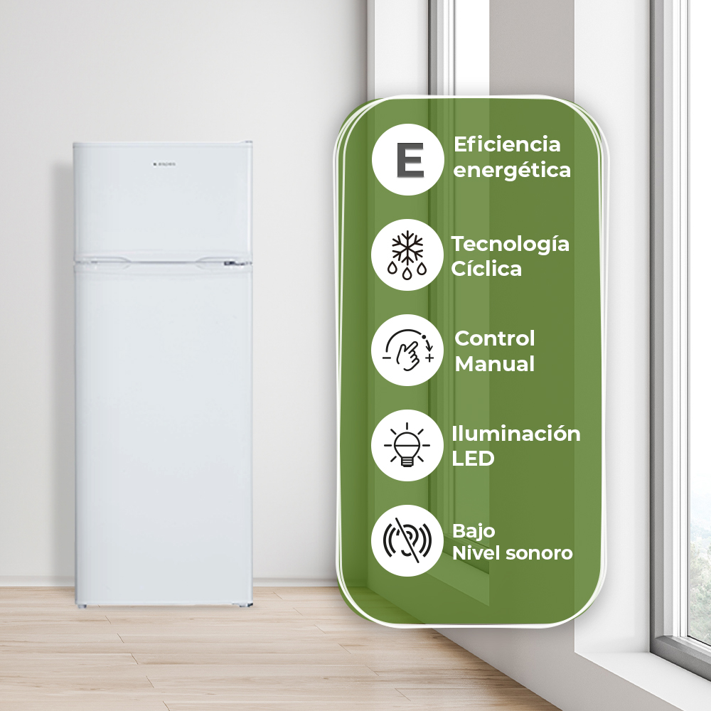 Un refrigerador blanco junto a un panel verde con iconos y texto sobre eficiencia energética y características.