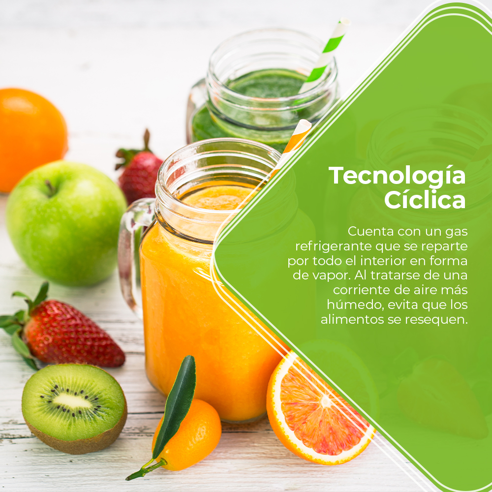 Primer plano de frutas y zumos. Hay naranjas, fresas, kiwi y manzana verde. Un gráfico verde a la derecha.
