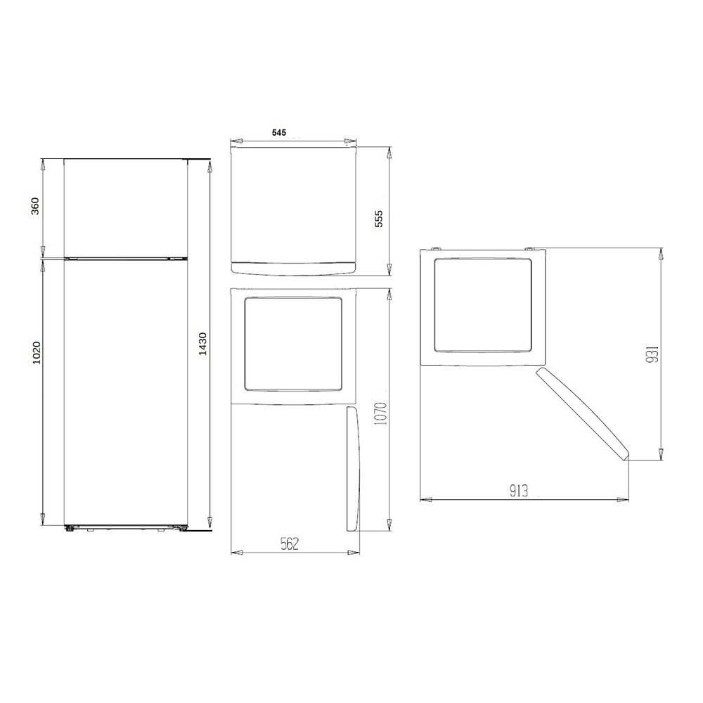 Dibujo técnico de componentes de muebles con dimensiones en milímetros, incluyendo un refrigerador, un armario y una mesa auxiliar.