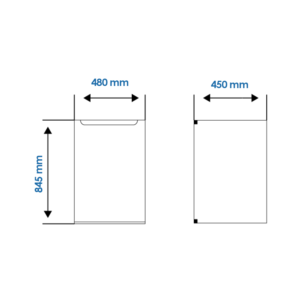 Diagrama que muestra dos rectángulos con dimensiones. Uno mide 845 mm de alto y 480 mm de ancho. El otro mide 450 mm de ancho.