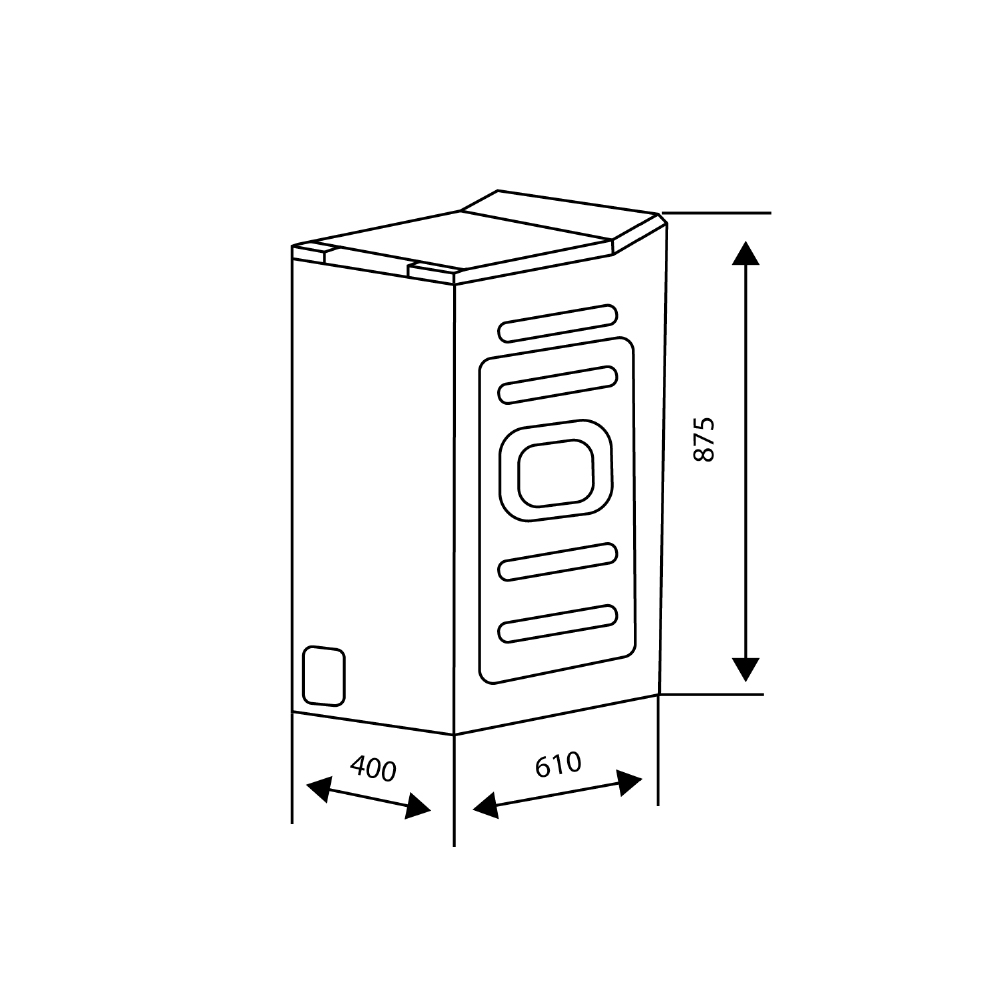 Dibujo lineal de una lavadora con dimensiones: 875 mm de altura, 610 mm de ancho y 400 mm de profundidad. La máquina tiene un panel de control.