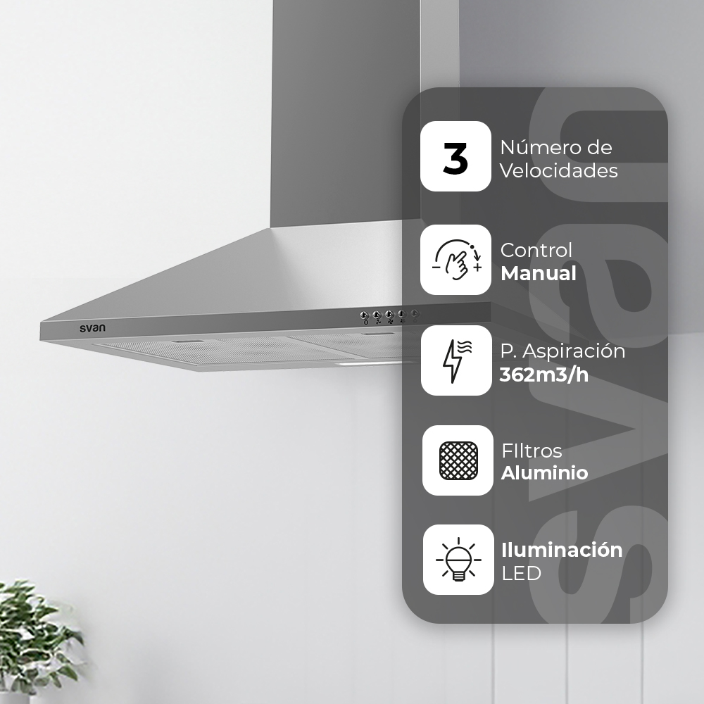 Una campana extractora plateada con panel de control. El panel de información indica 3 velocidades, control manual, y luz LED.