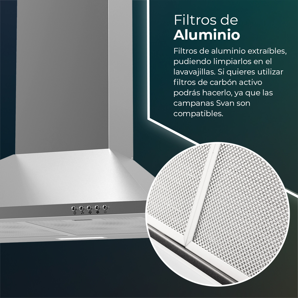 Una campana metálica. Primer plano muestra un círculo con filtro. Texto español describe las características de la campana.