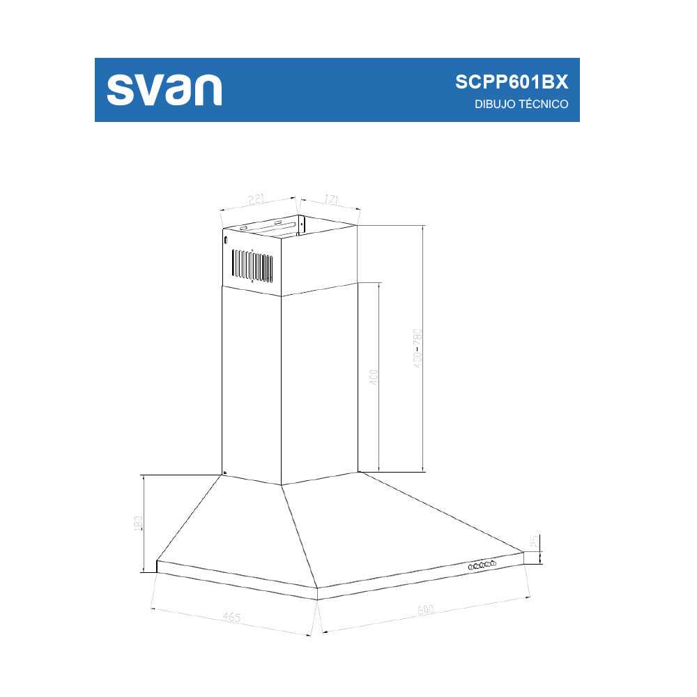Dibujo técnico de una campana extractora. Muestra dimensiones en milímetros. La campana es de estilo minimalista, fondo blanco, con la marca Svan.