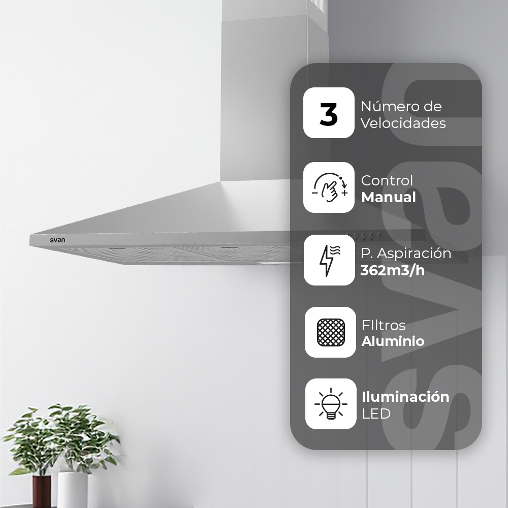 Una campana extractora plateada con un panel de control que muestra funciones como velocidad, control manual, potencia de succión e iluminación LED.