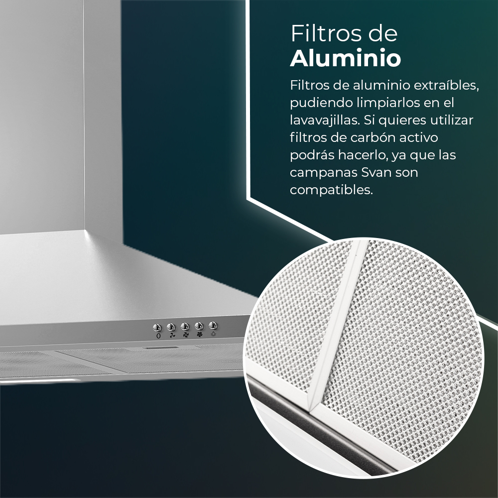 Primer plano de una campana extractora, con vista detallada de sus filtros de aluminio y botones de control.