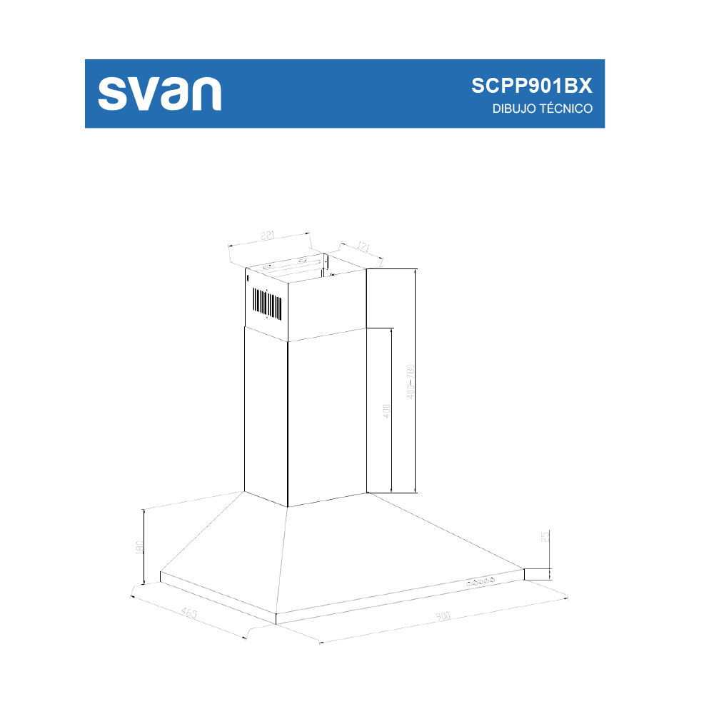 Un dibujo técnico de una campana extractora Svan, que muestra dimensiones y detalles de diseño en un estilo limpio y minimalista.