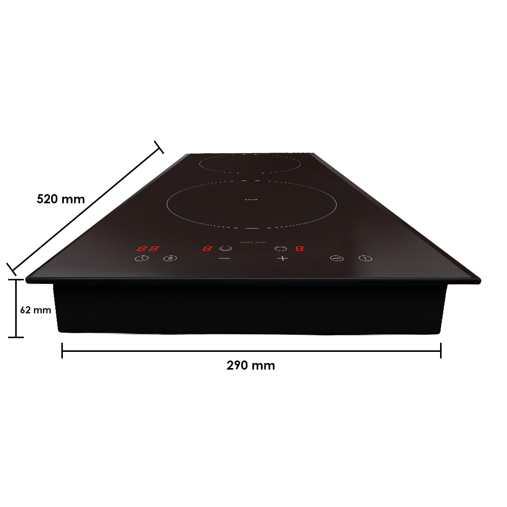 Una placa de inducción negra con dimensiones etiquetadas. Dos zonas de cocción visibles. Muestra números digitales y controles táctiles.