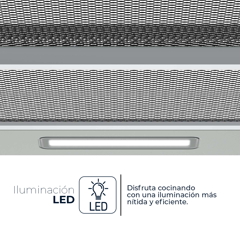 Vista de cerca de una campana extractora con superficie metálica perforada. Hay una luz LED y un texto que dice 'Iluminación LED'.