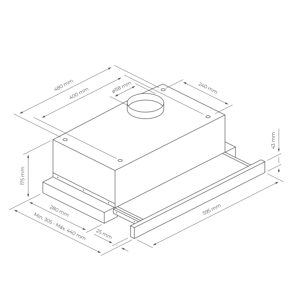 Ilustración de una campana extractora con dimensiones en milímetros. La campana es rectangular, con una ventilación circular.