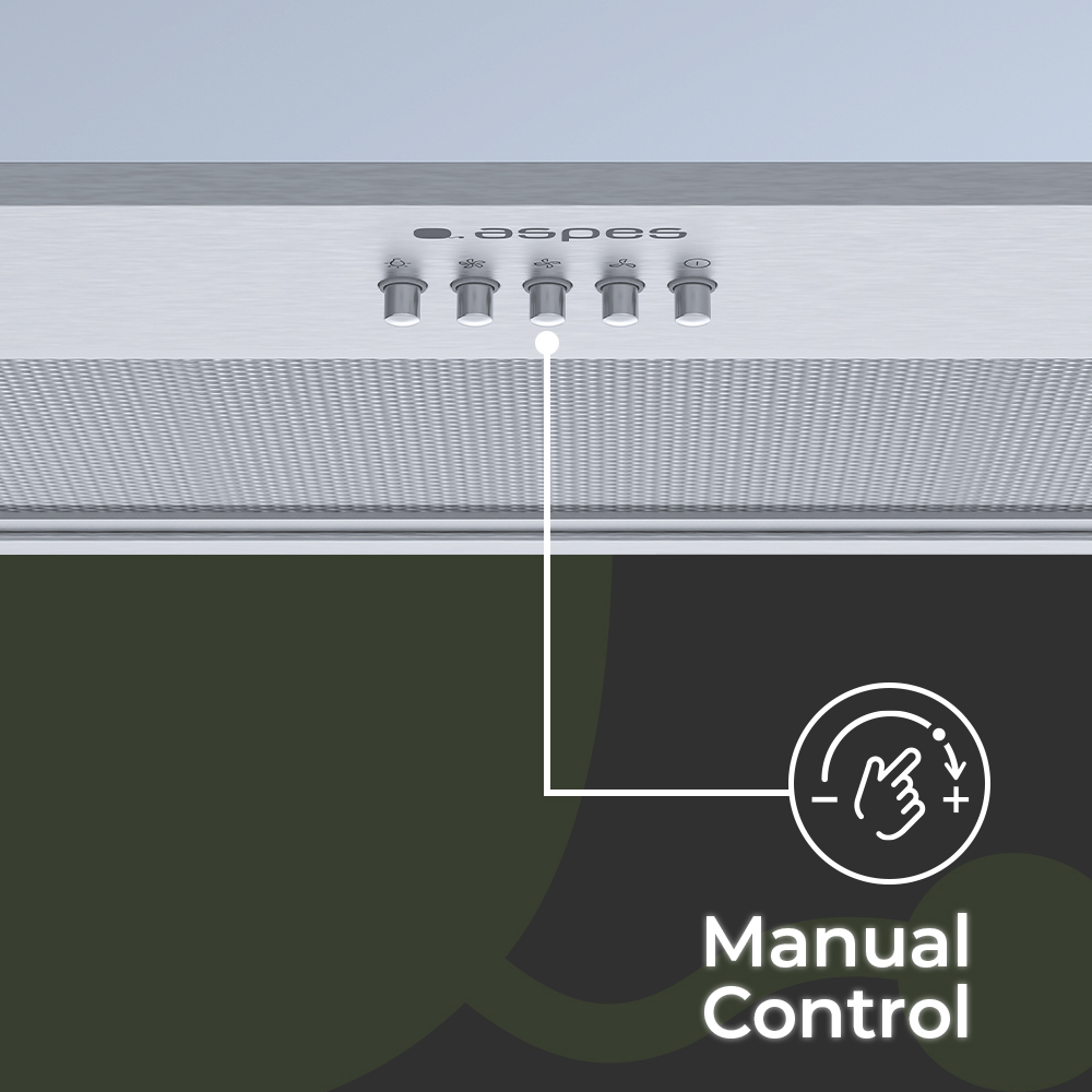 Primer plano de una campana extractora con controles manuales. Acabado plateado, botones y filtro de malla. Texto: 'Control Manual'.