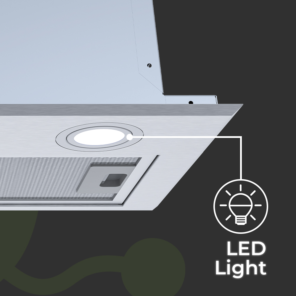 Primer plano de una campana extractora con luz LED. La campana es plateada, con una luz circular, y el texto dice 'LED Light'.