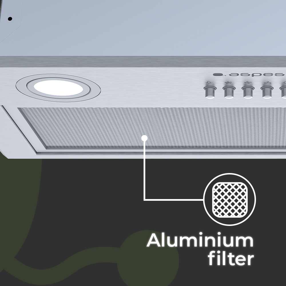 Primer plano de una campana extractora. Tiene una luz, un filtro de metal y mandos. El texto indica 'Filtro de aluminio'.