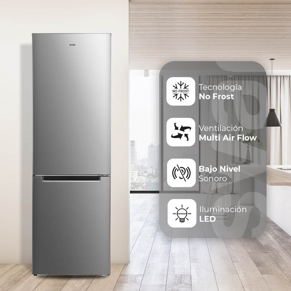 Un refrigerador plateado Swan en una cocina moderna. Características: No Frost, Multi Air Flow, bajo ruido e iluminación LED.