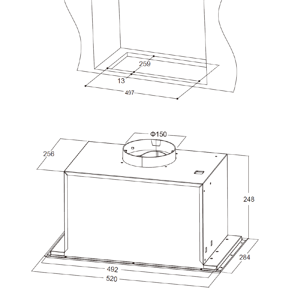 Diagrama de una campana extractora con dimensiones en milímetros. Muestra vistas superior y lateral con medidas de varias partes.