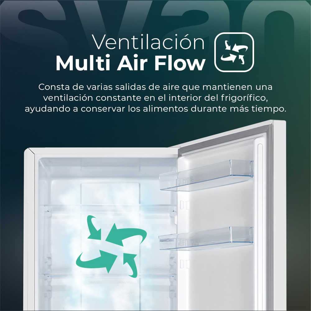 Refrigerador abierto mostrando Multi Air Flow. Flechas verdes indican la circulación del aire. Texto explica la característica.