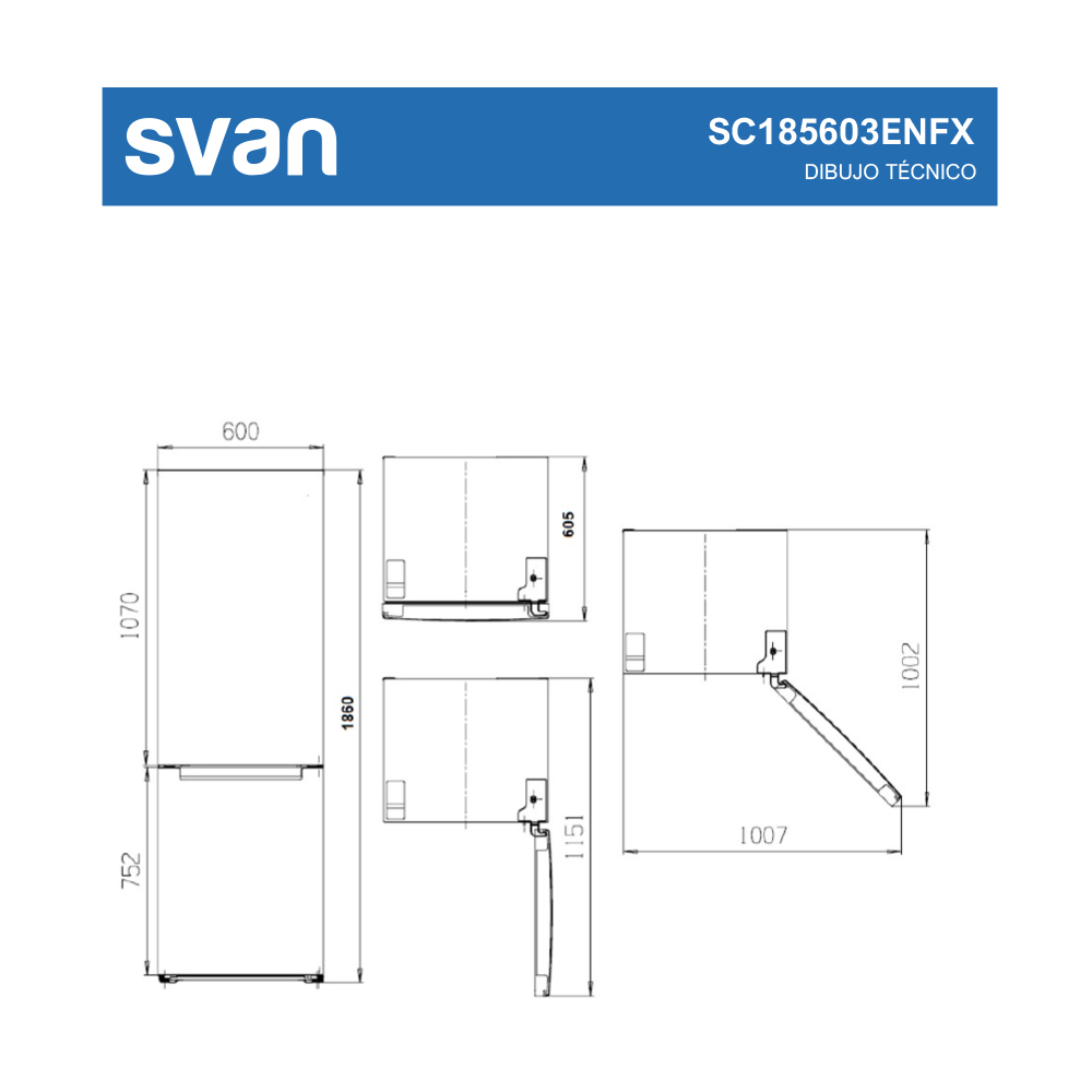 Dibujo técnico de un frigorífico con dimensiones en mm. Incluye vistas superior y lateral. Marca 'svan' en la parte superior.