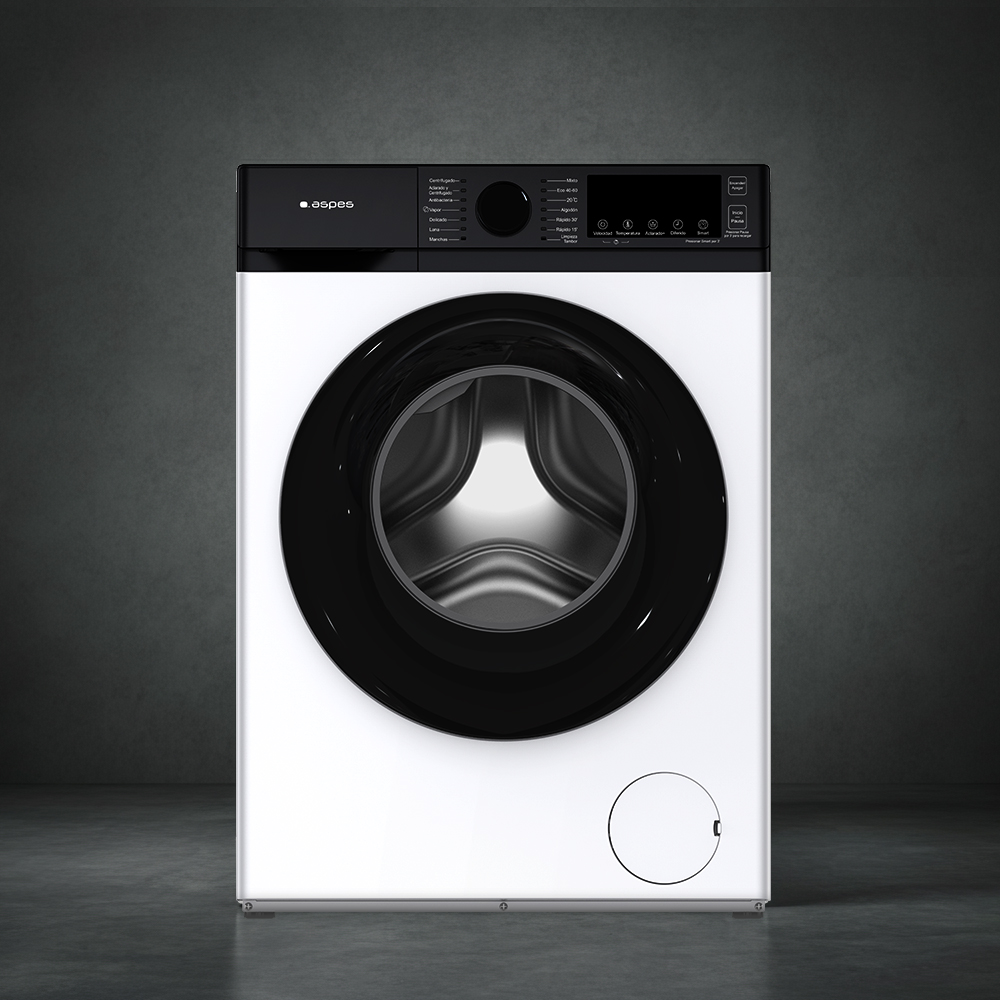 Biała pralka z czarnymi drzwiami i panelem sterowania. Maszyna ma okrągłe drzwi i mały okrągły punkt dostępu.