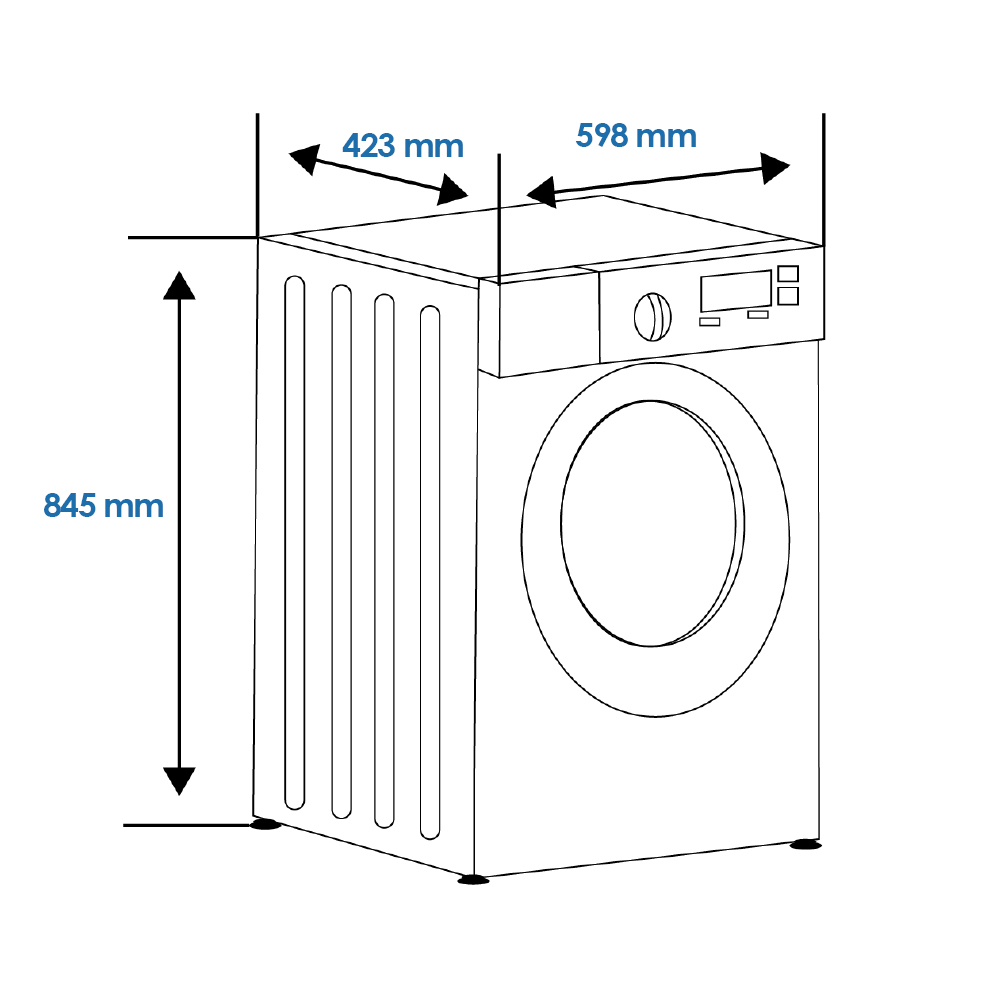 Rysunek linii pralki z wymiarami: 845 mm wysokości, 423 mm szerokości i 598 mm głębokości. Ma okrągłe drzwi.