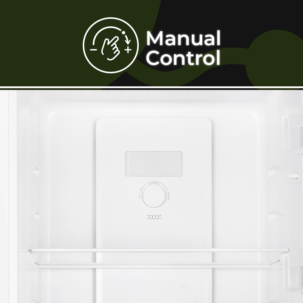 Dentro de un refrigerador blanco. Panel de control manual en el centro. Arriba: un rectángulo blanco. Abajo, un dial con frío/más frío.