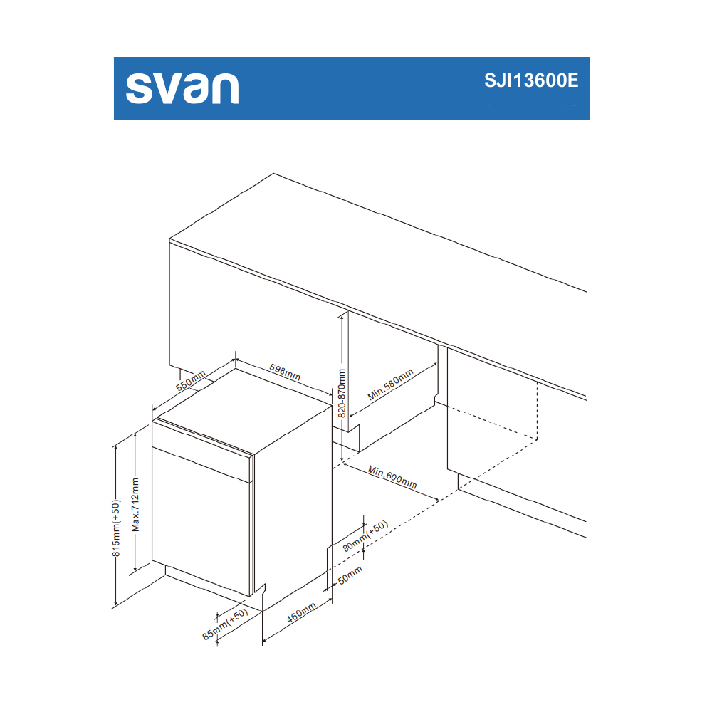 Diagrama de lavavajillas con dimensiones en mm. La marca 'svan' y el modelo 'SJI13600E' están en la parte superior.