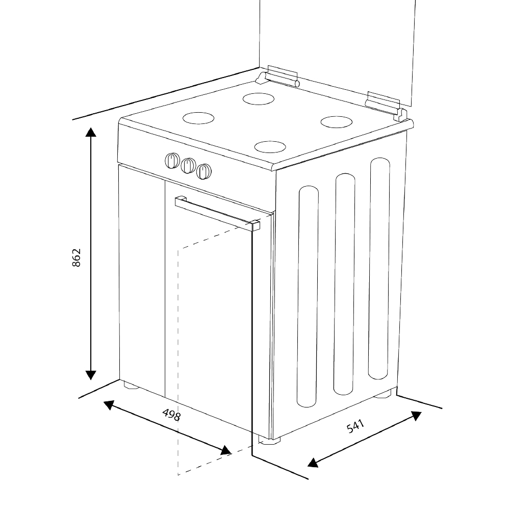Ilustración de una estufa con dimensiones. La estufa tiene cuatro quemadores, una puerta de horno y perillas de control. Se muestran las dimensiones.