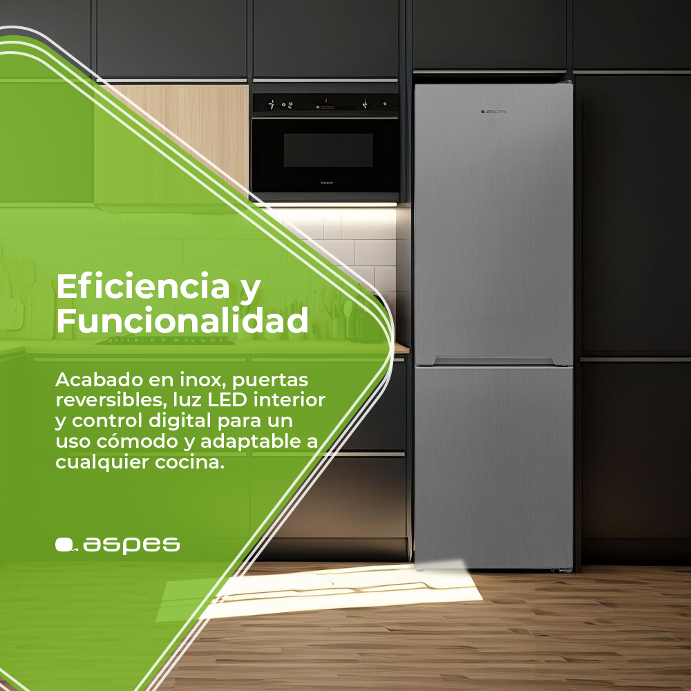 Una cocina moderna con un refrigerador de acero inoxidable y horno empotrado. El texto destaca la eficiencia y funcionalidad del electrodoméstico.