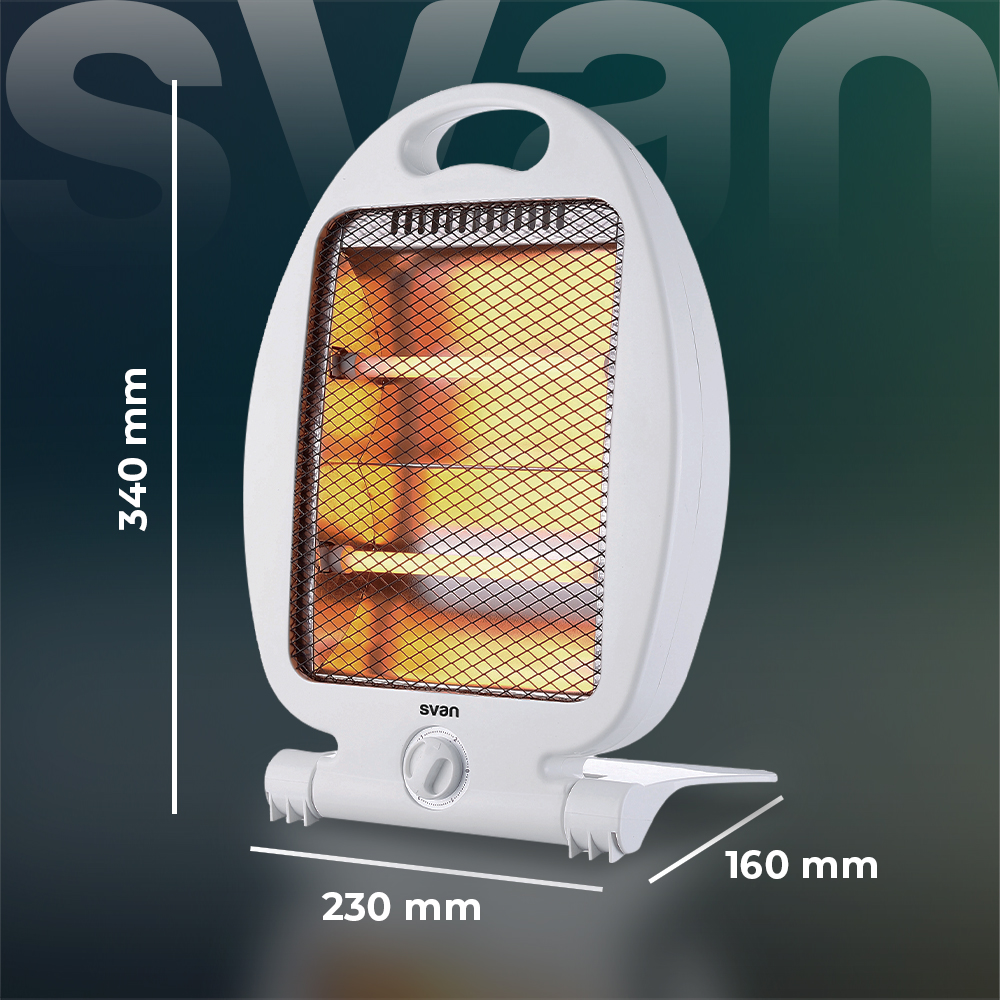 Calentador eléctrico blanco con interior naranja brillante, dimensiones mostradas. La marca 'svan' es visible.