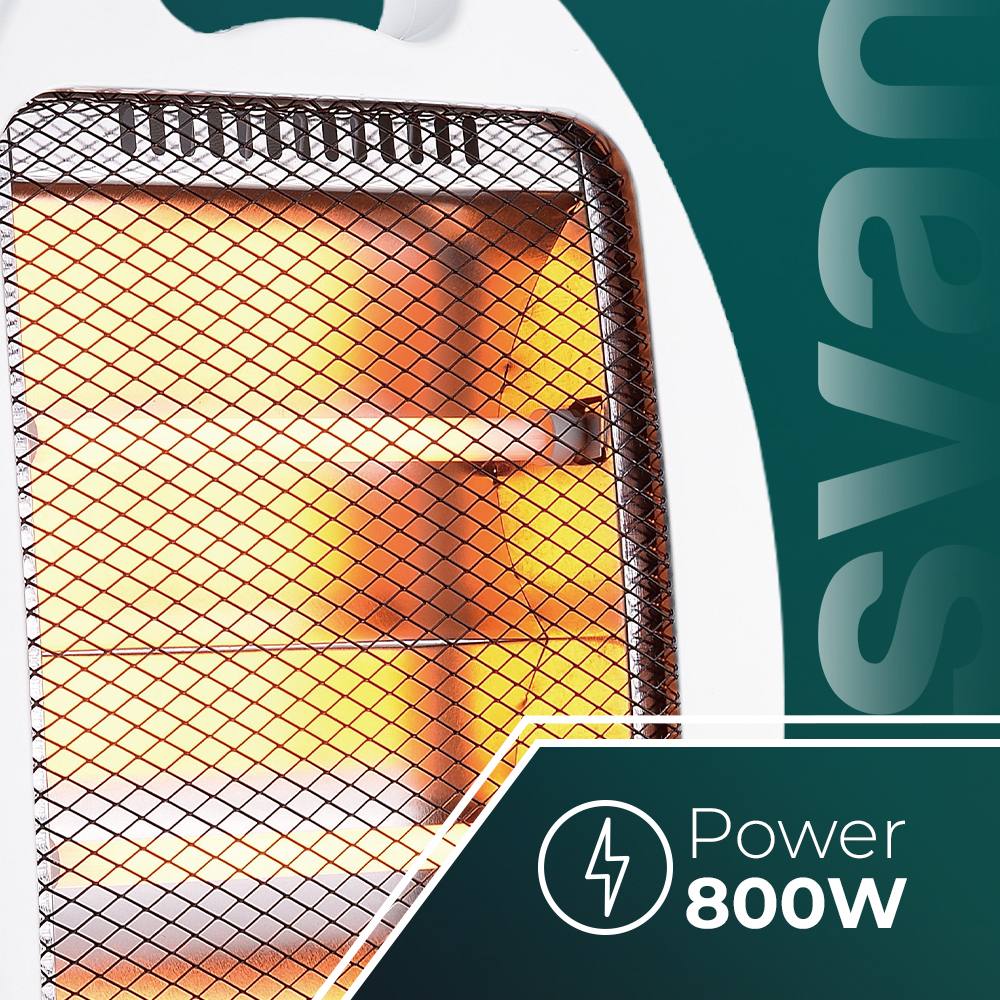 Primer plano de un calentador. Rejilla metálica sobre un elemento calefactor naranja brillante. Botón de encendido y texto 800W.