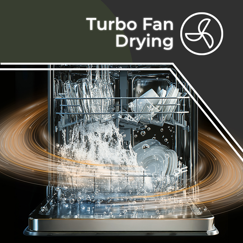 Un lavavajillas con platos dentro. El agua salpica. Texto en la parte superior: Secado con ventilador turbo. El fondo es oscuro con remolinos naranjas.