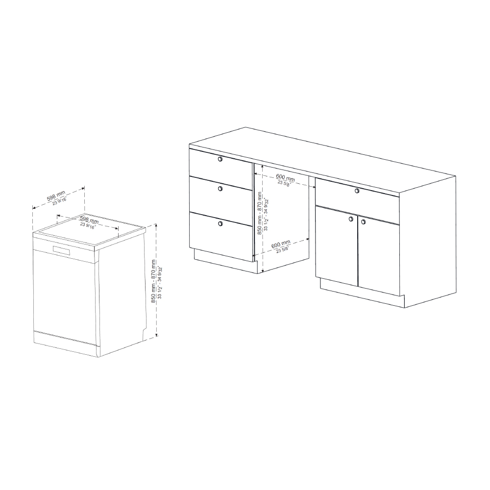 Un dibujo esquemático de gabinetes de cocina y un lavavajillas, con etiquetas de dimensiones en milímetros y pulgadas.