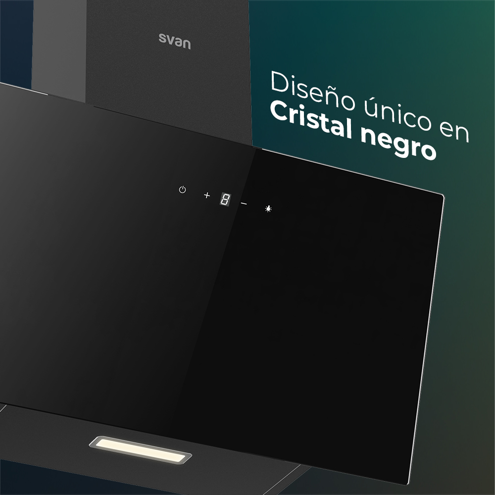 Una elegante campana extractora negra con pantalla digital. El texto dice 'Diseño único en Cristal negro'.