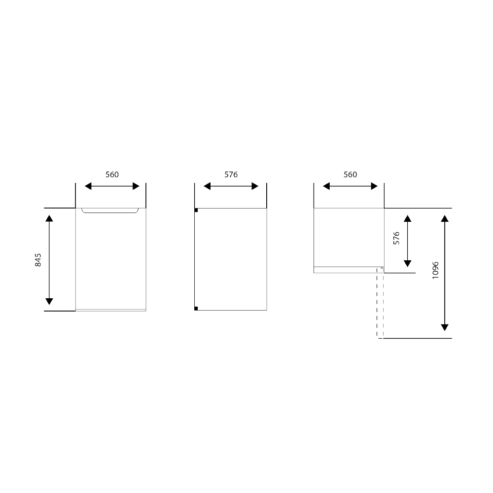 Tres diagramas con medidas. Rectángulos con dimensiones. 845 alto, 560 ancho y 576 ancho. Flechas y números indican tamaños.