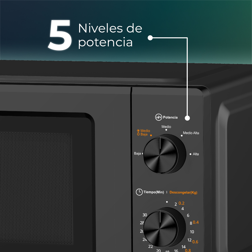 Horno microondas negro con mandos. Tiene ajustes de potencia y tiempo, marcados con números y símbolos para facilitar el manejo.