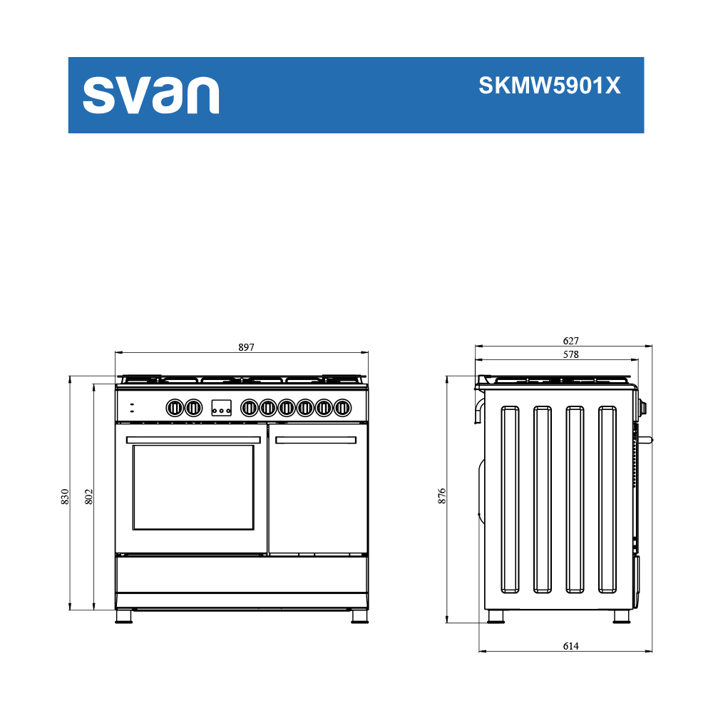 Un esquema de un horno Svan SKMW5901X. Muestra vistas frontal y lateral con dimensiones. La vista frontal tiene quemadores y un horno.