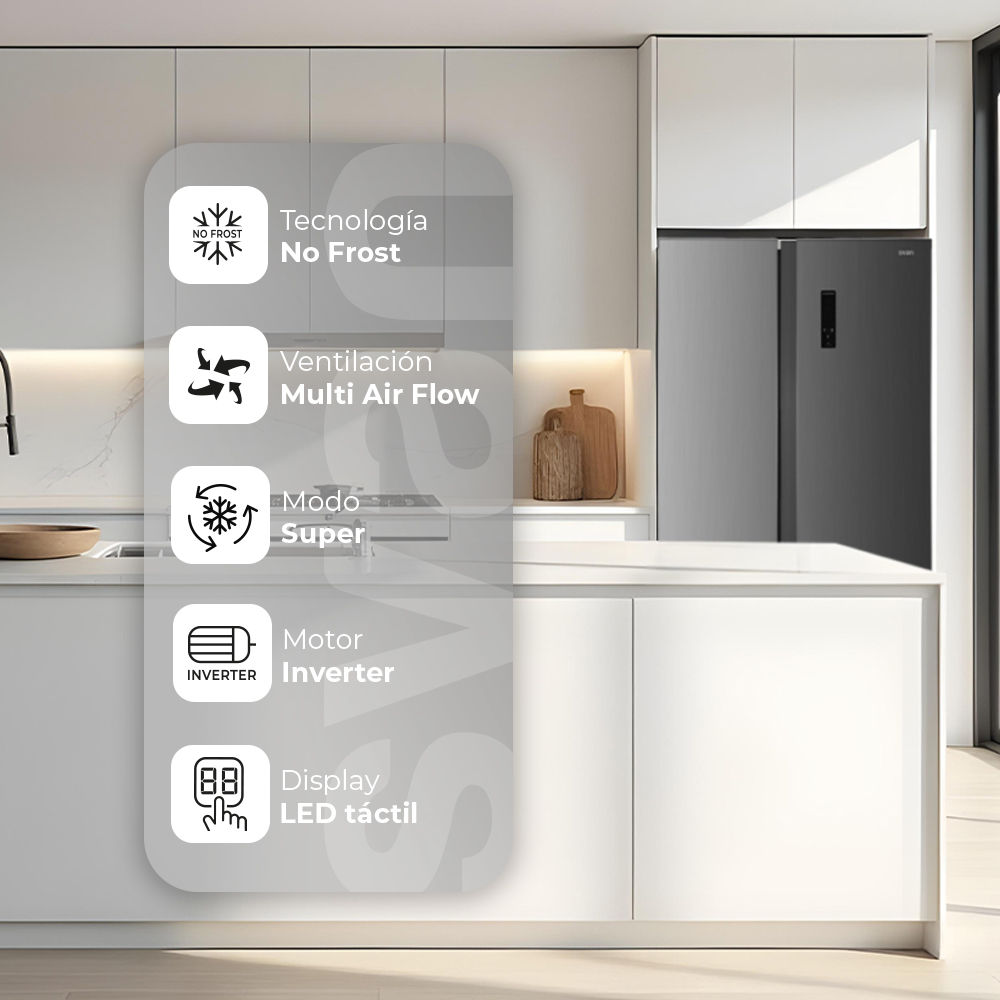 Cocina moderna con refrigerador gris, gabinetes blancos y encimera. Características: No Frost, Multi Air Flow, modo Super e Inverter.