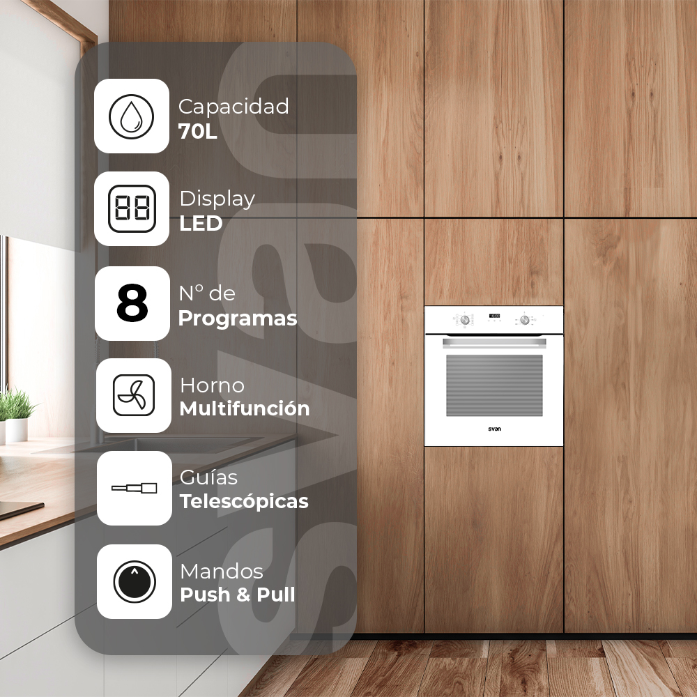 Un horno blanco está integrado en armarios de madera. El horno tiene pantalla y controles. Los iconos de información están a la izquierda.