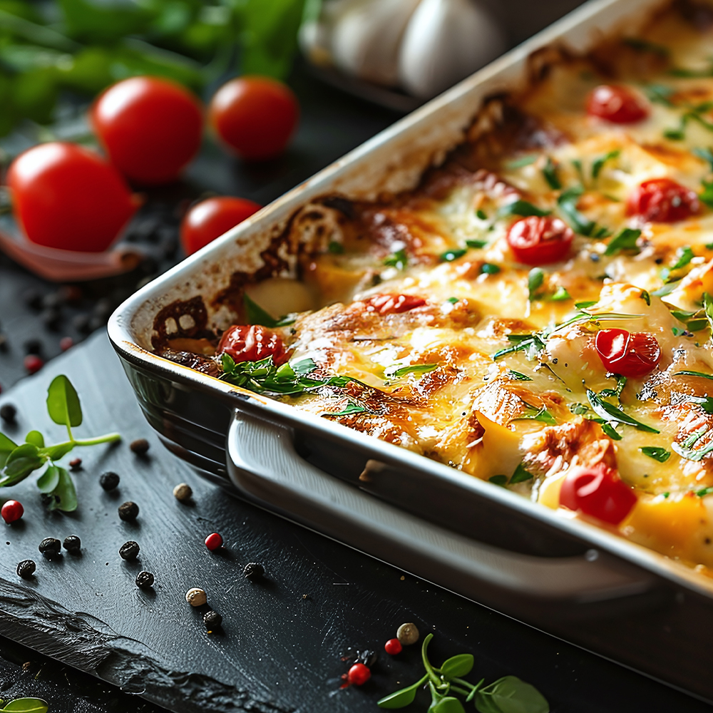 Plato horneado con queso derretido y tomates en una bandeja. Tomates cherry, hierbas y granos de pimienta lo rodean sobre una superficie negra.