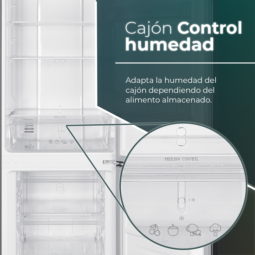 Interior de refrigerador, con texto 'Cajon Control humedad'. Muestra un cajón transparente con control de humedad e iconos de alimentos.