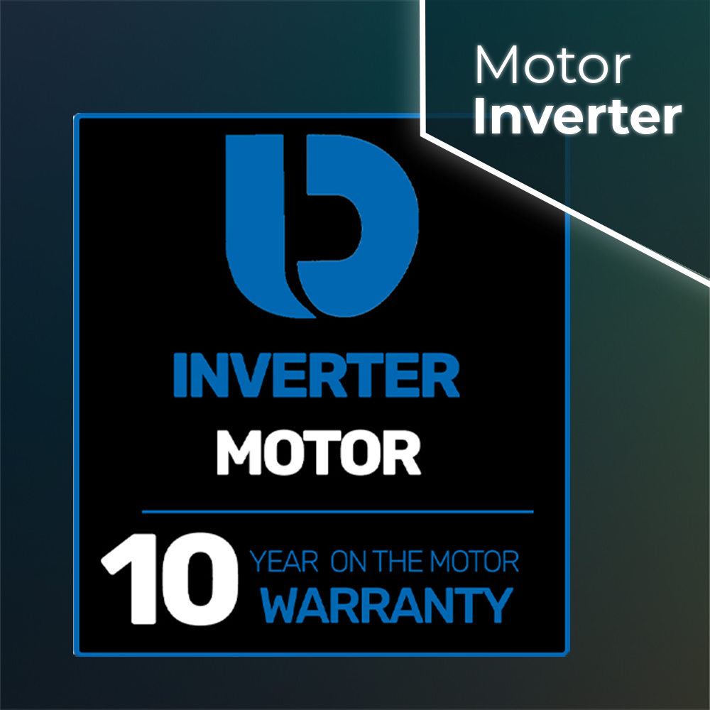 Un gráfico con las palabras Motor Inverter. Un logotipo azul 'U' y texto que dice 'Inverter Motor' con 10 años de garantía.