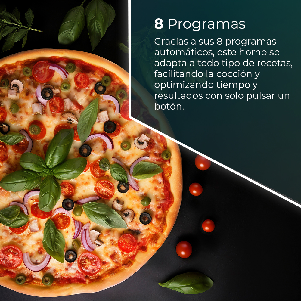 Pizza con tomates, aceitunas, cebollas y albahaca sobre una superficie negra. Texto a la derecha: 8 programas, cocinar fácil.