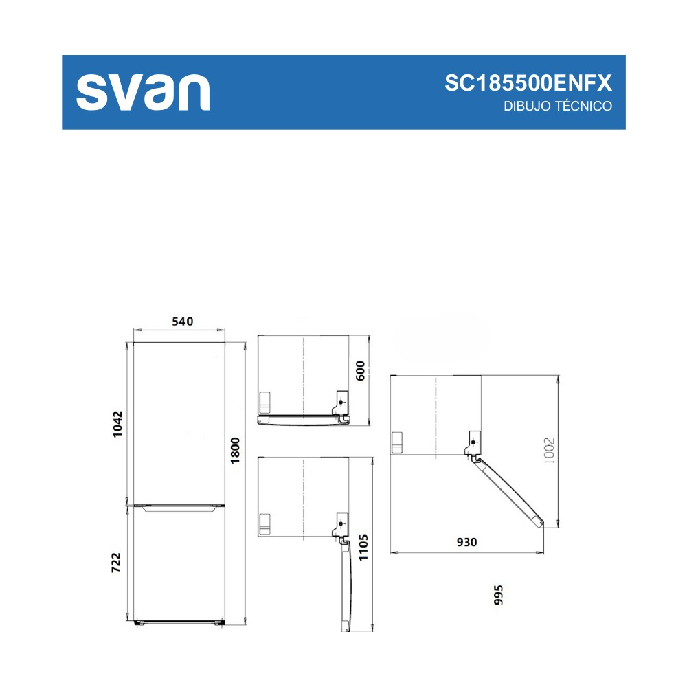 Dibujo técnico de un refrigerador con dimensiones en milímetros. El logotipo de svan está en la parte superior izquierda. El modelo es SC185500ENFX.
