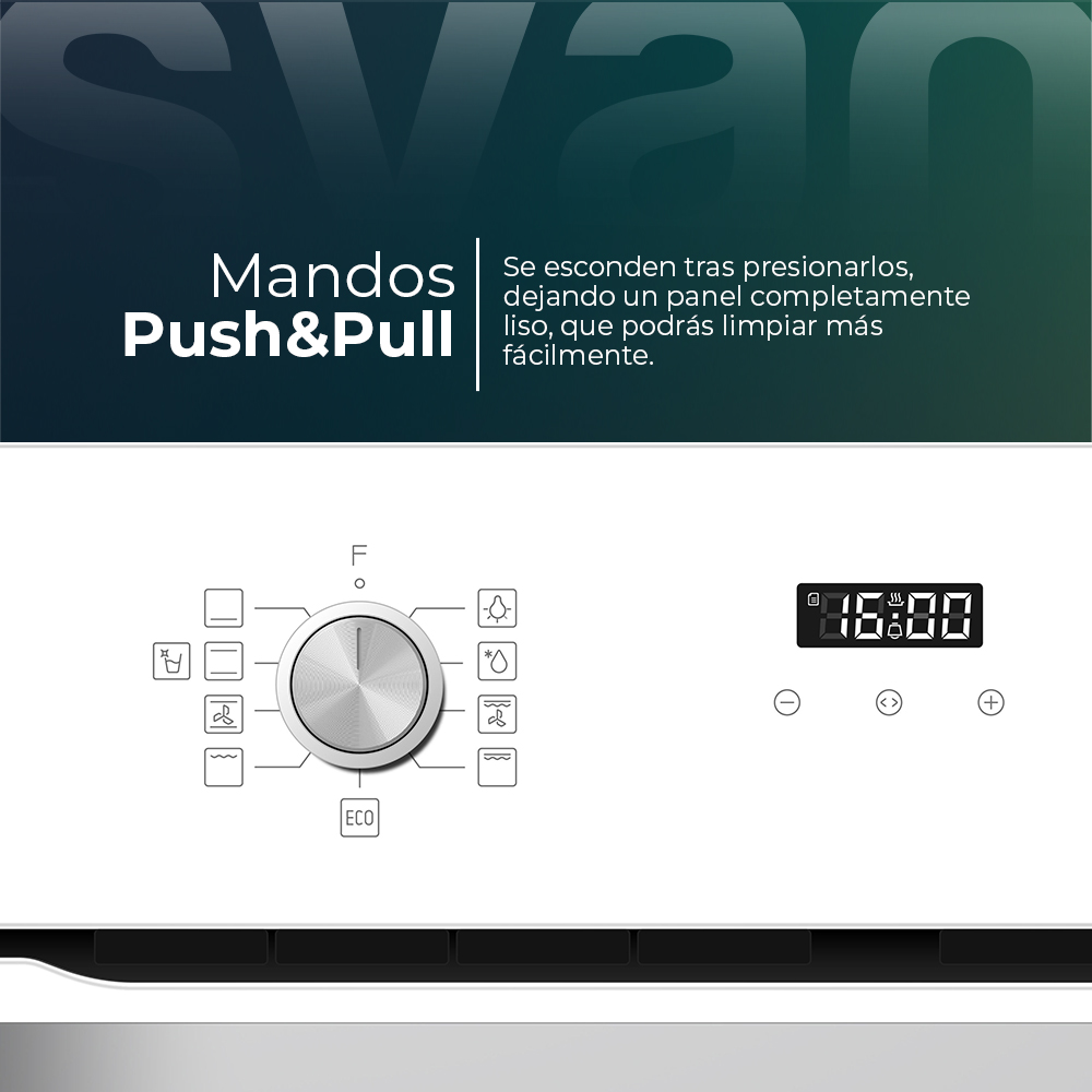Un panel de control de electrodomésticos blanco con una perilla central, pantalla digital e iconos para diferentes funciones.