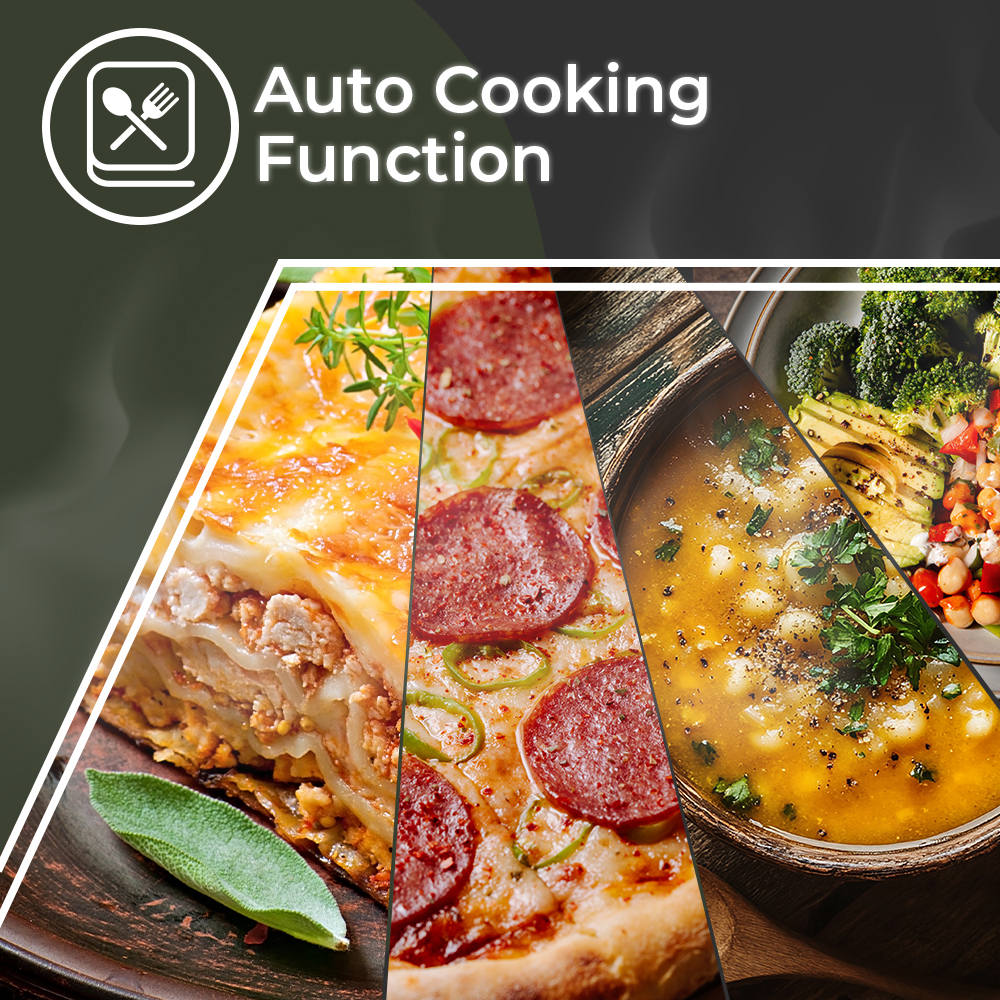 Obraz przedstawia lasagne, pizzę z pepperoni, zupę i sałatkę, podkreślając funkcję automatycznego gotowania.