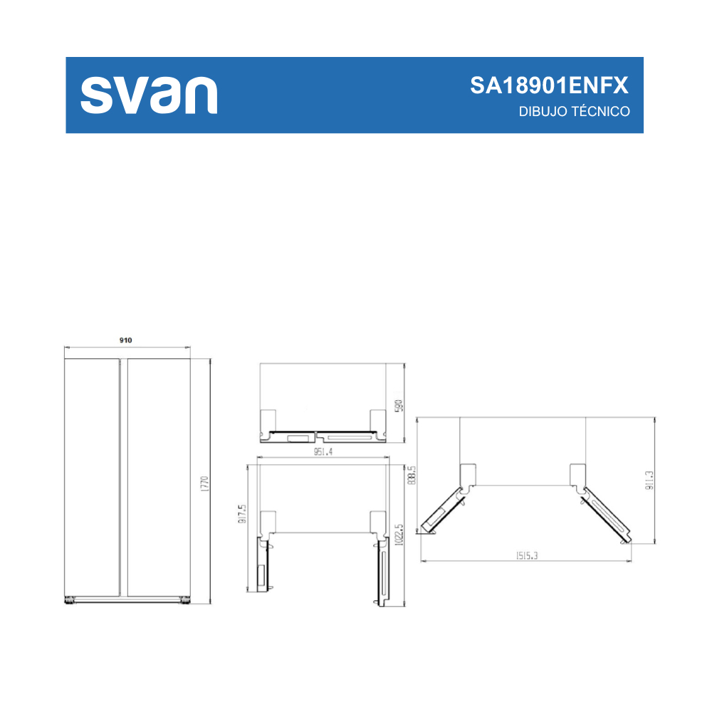 Dibujo técnico de un refrigerador 'svan' con dimensiones en milímetros. Incluye vistas frontal y lateral.