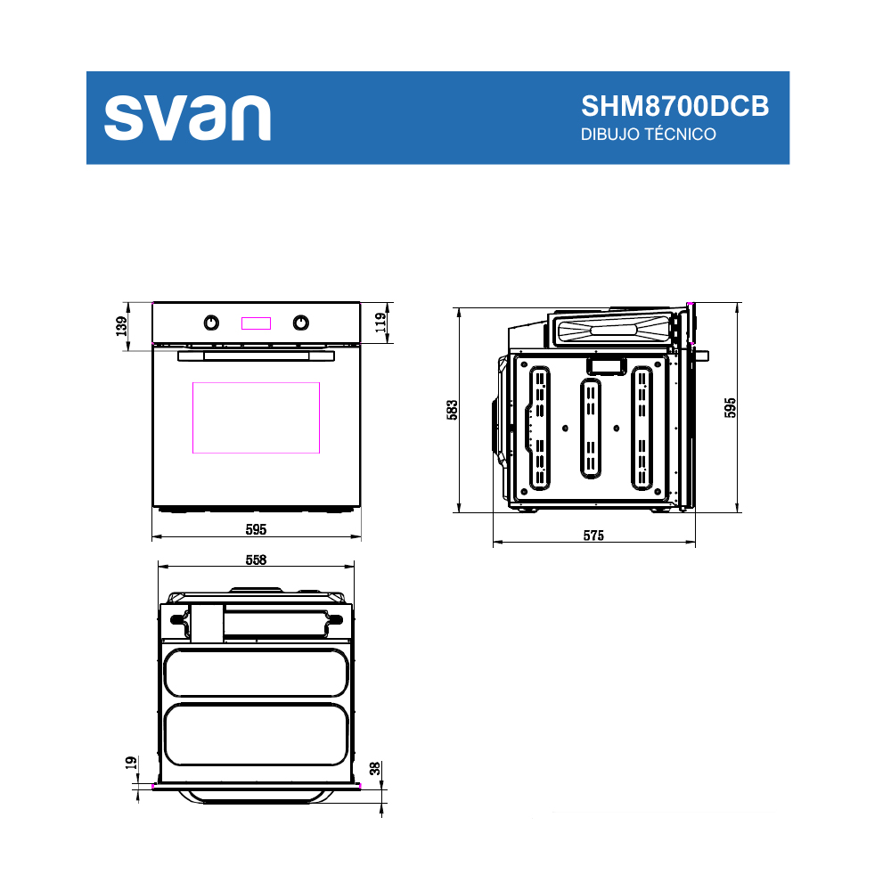 Dibujo técnico de un horno Svan, mostrando vistas frontal, lateral y superior con dimensiones en milímetros. El número de modelo es SHM8700DCB.