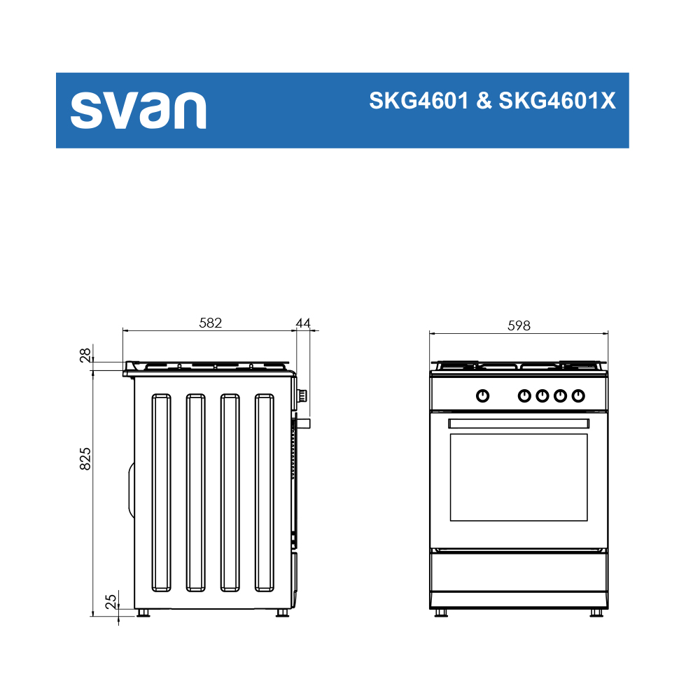 Diagrama de una cocina Svan, que muestra dimensiones y vistas laterales/frontales. Incluye el logotipo de la marca y los modelos SKG4601 y SKG4601X.