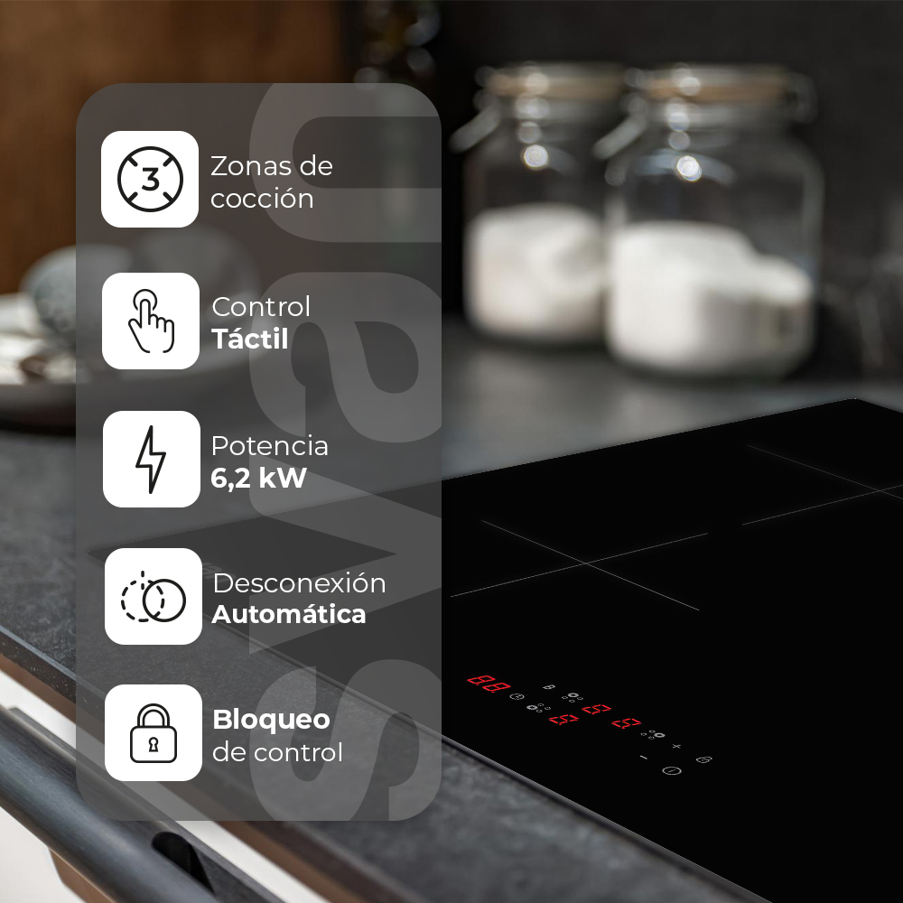 Una placa de inducción negra con controles táctiles y pantalla digital roja. Características: 3 zonas de cocción, 6,2 kW de potencia y apagado automático.