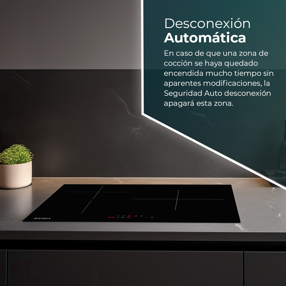 Una placa de inducción negra sobre una encimera gris. Una pequeña planta en maceta blanca a la izquierda. El fondo es una pared oscura.